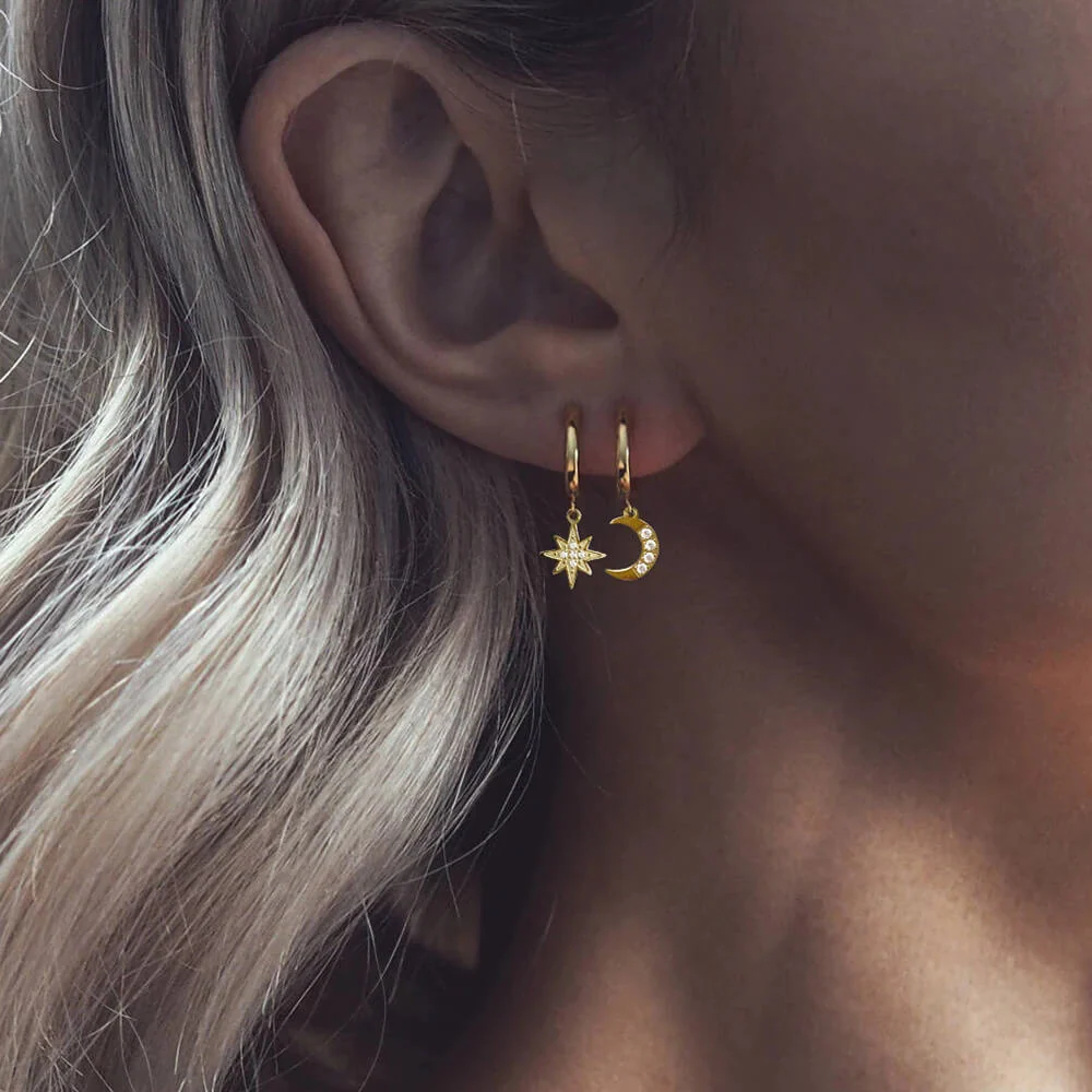 Star & Moon Drop Huggie Hoop Earrings - Image 3